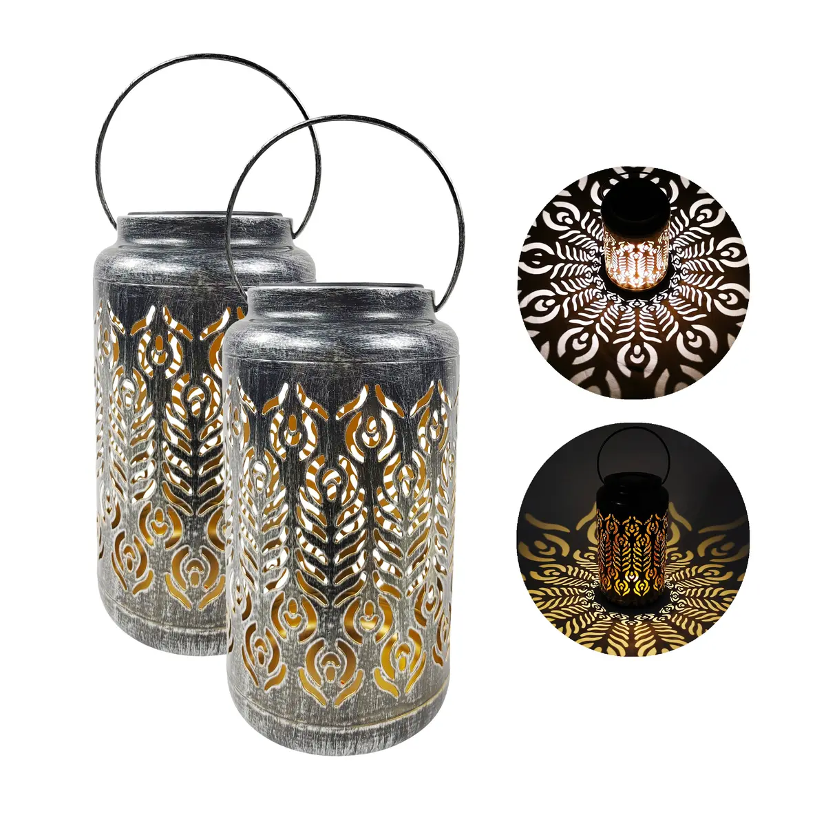 Bliss Outdoors Bsl-310-S Set Of 2 Solar Led Lanterns W/ Phoenix Feather Design & Hand Painted Finish | 9-In. Tall | Waterproof Ip44 (Silver) 1