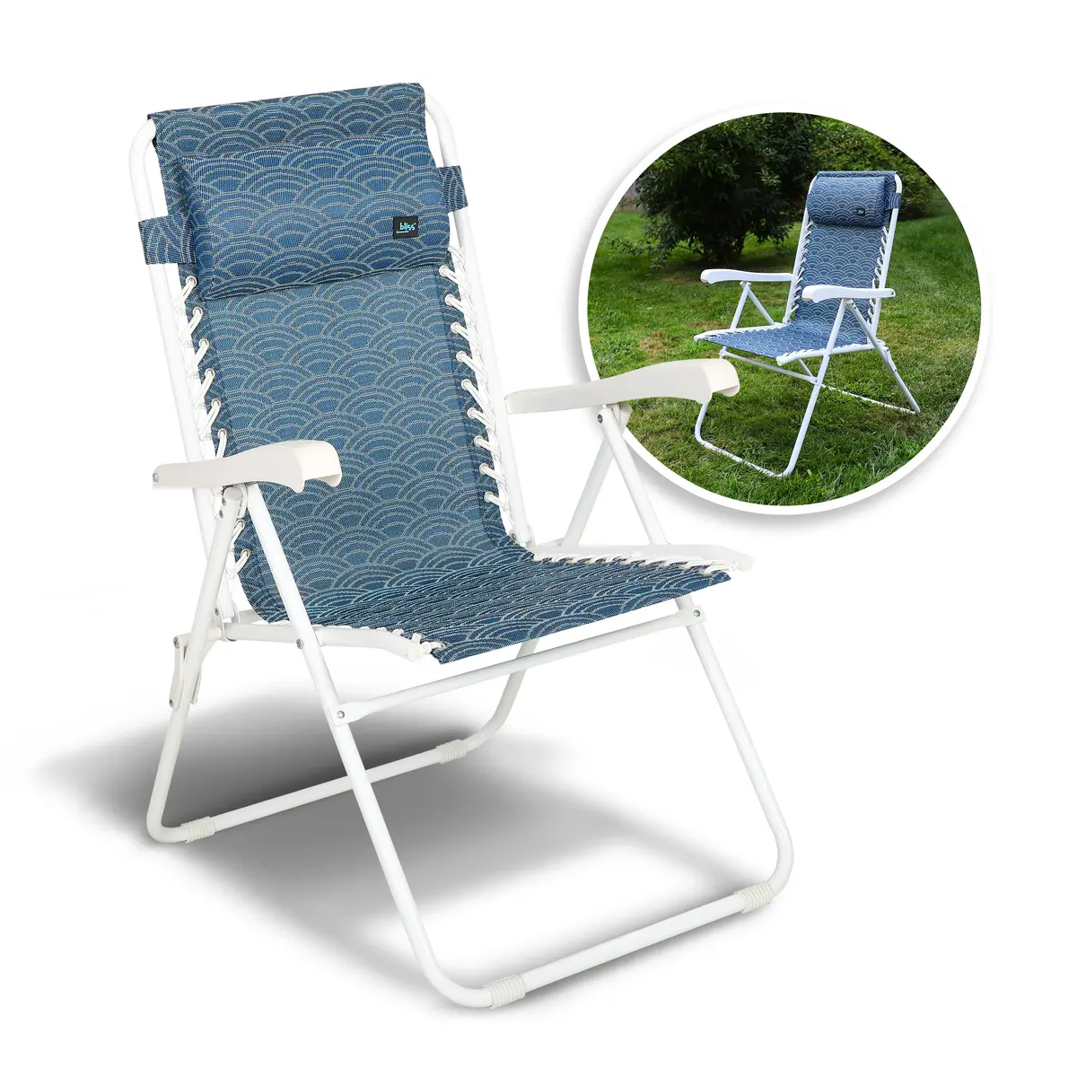Bliss Hammocks Gfc-612-Bs Reclining Sling Chair W/ Pillow | 26-In. Wide | Weather & Rust Resistant | 275 Lb. Capacity (Blue Scallop) 1