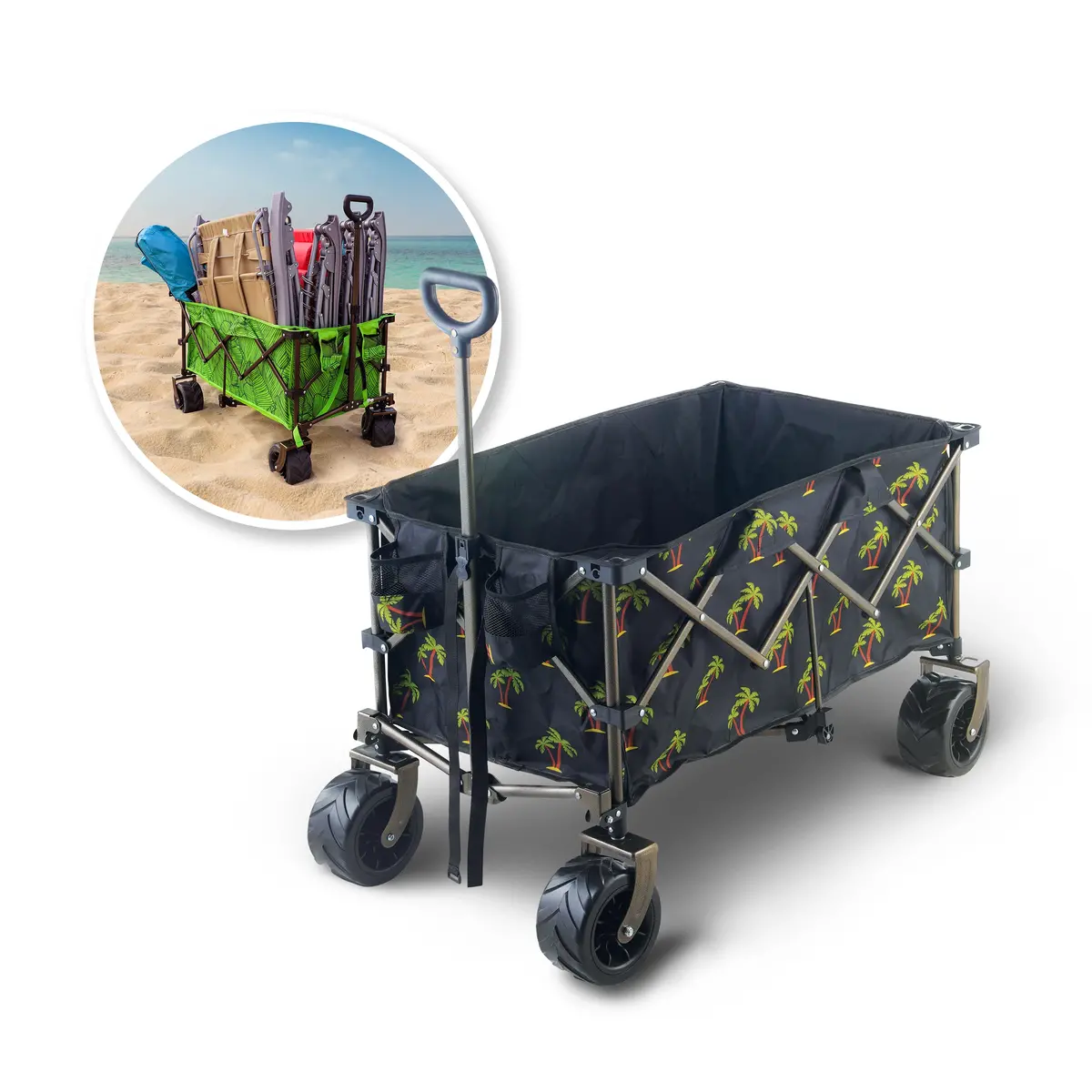 Bliss Hammocks Bhw-100-Pt Collapsible Garden Cart/Beach Wagon W/ Storage Bag | 36-In. X 22-In. | Tool/Beverage Holders & Wheels | Waterproof | 175 Lb. Capacity (Palm Tree) 1