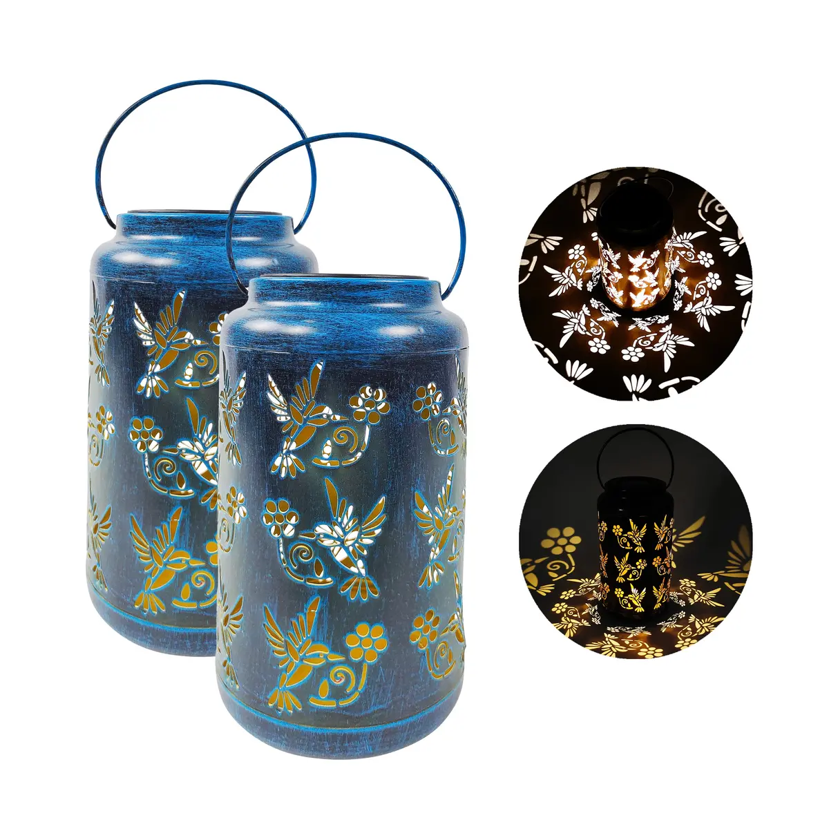 Bliss Outdoors Bsl-309-Bl Set Of 2 Solar Led Lanterns W/ Humming Bird Design & Hand Painted Finish | 9-In. Tall | Waterproof Ip44 (Blue) 1