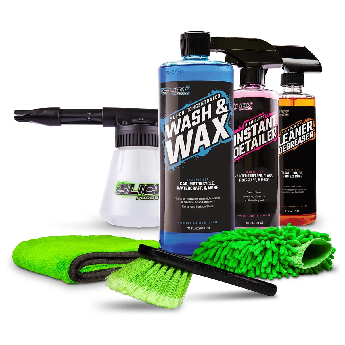 Slick Products Premium Car Wash Bundle W/ Garden Hose Foam Gun | Wash & Wax + Degreaser + Detailer 1