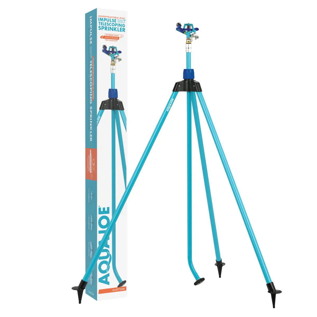 Aqua Joe Aj-Ist72zm Indestructible Zinc Impulse 360° Telescoping Tripod Sprinkler | Customizable Coverage | Extends From 42-72-Inches | 1390 Sq Ft Max Coverage 1