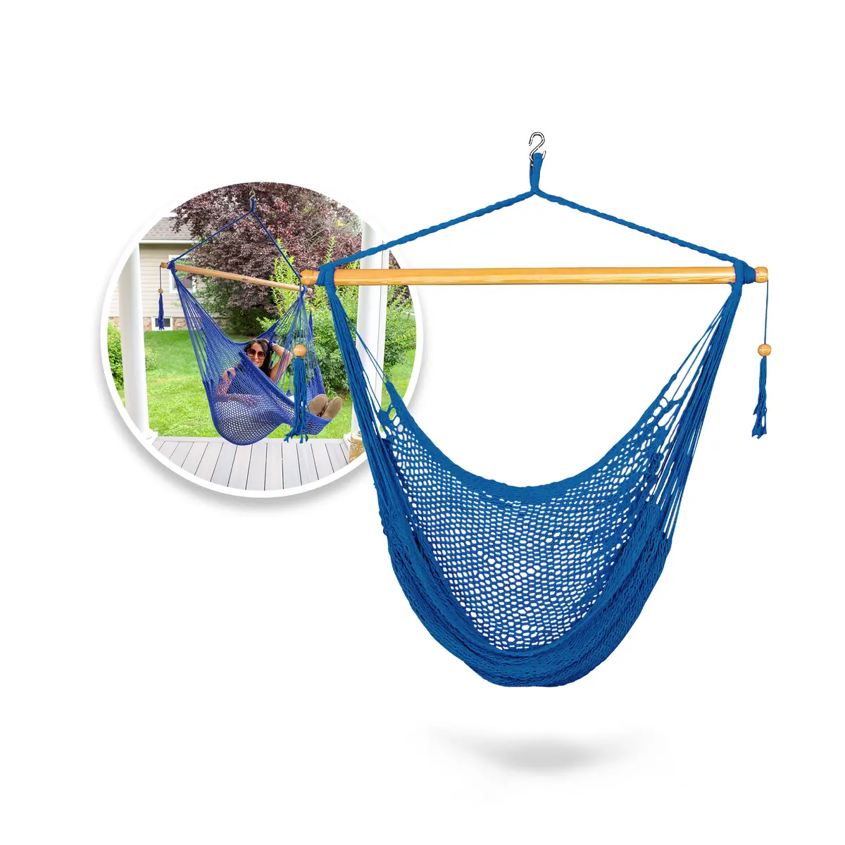 Bliss Hammocks Bhc-412Blu Island Rope Hammock Chair W/ Spreader Bar & Hanging Hardware | 40-In. Wide | 265 Lb. Capacity (Blue) 1