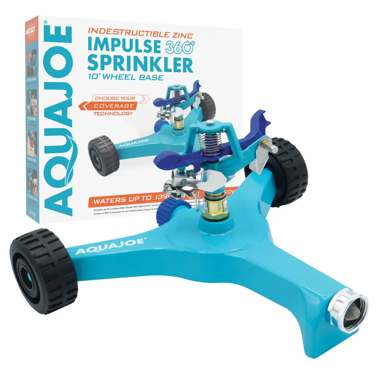 Aqua Joe Aj-Is10wb Indestructible Zinc Impulse 360 Degree Sprinkler | Customizable Coverage | Wheeled Base | 1390 Sq Ft Max Coverage 1