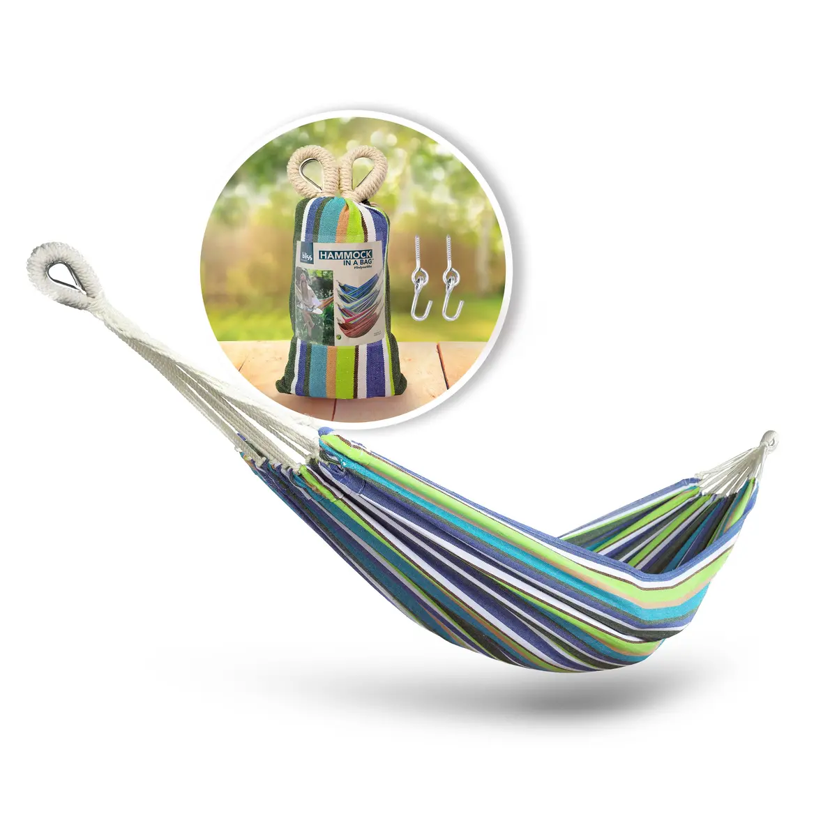 Bliss Hammocks Bh-400-Gs Hammock In A Bag W/ Rope Loops & Hanging Hardware | 40-In. Wide | 220 Lb. Capacity (Garden Stripe) 1