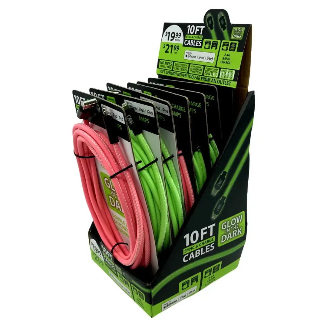 Charging Cable Glow In The Dark Assortment 10Ft - 6 Pieces Per Retail Ready Display 88406 1